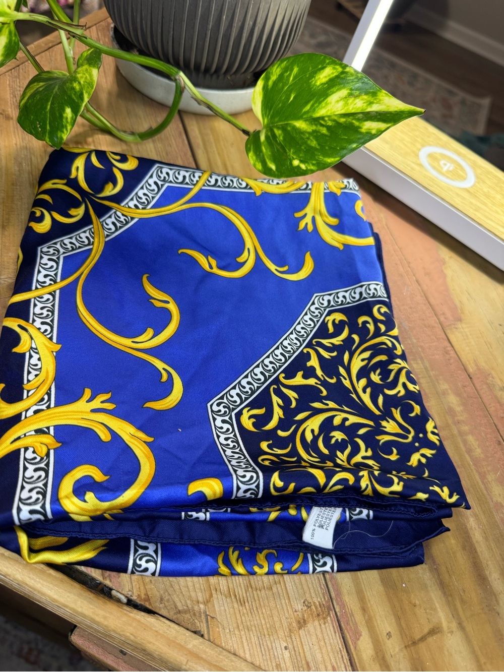 Blue & Gold Decorative Square Scarf - Women's Fashion Wrap - Picture 2 of 2